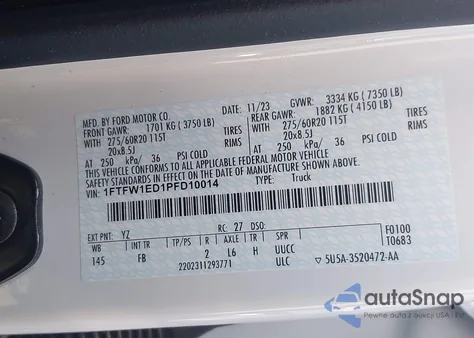 2023 Ford F-150 Xlt из США, поврежденный, VIN 1FTFW1ED1PFD10014